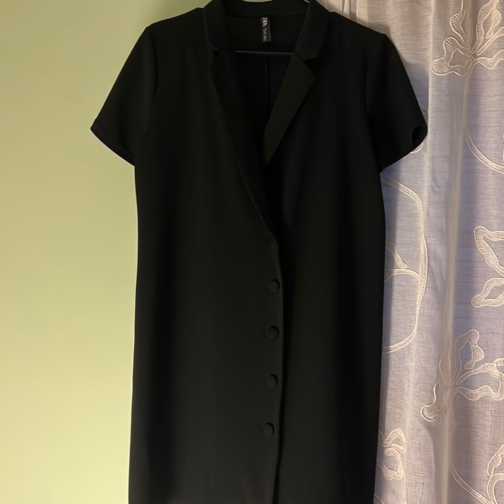 Zara Mini Black Collared Button Down Shift Dress - image 1